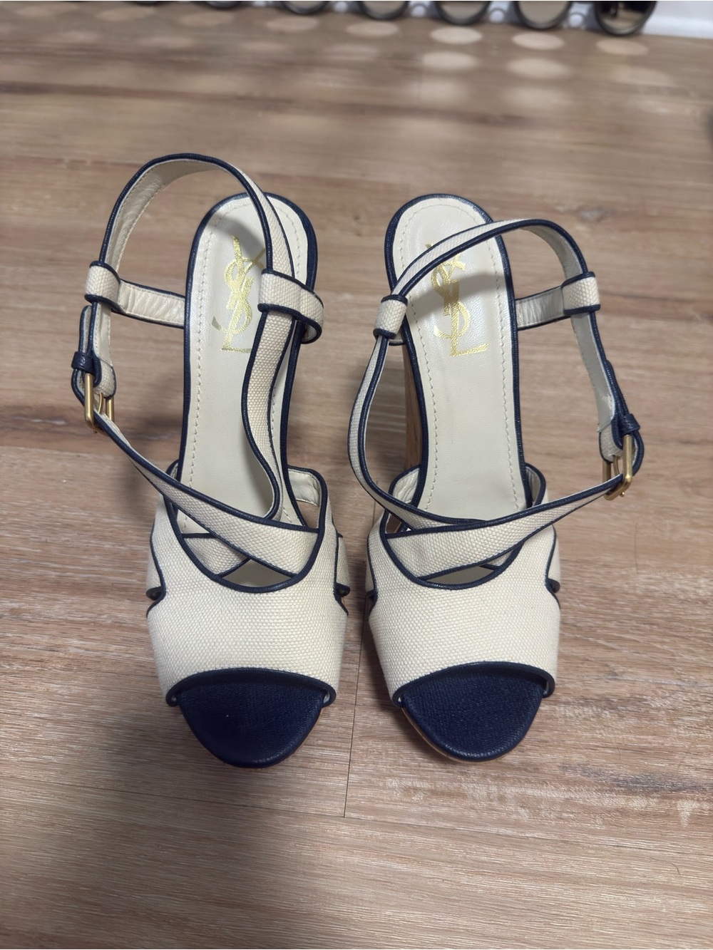 Yves Saint Laurent White/Blue Canvas Deauville Cork Wedge Slingback Sandals Size